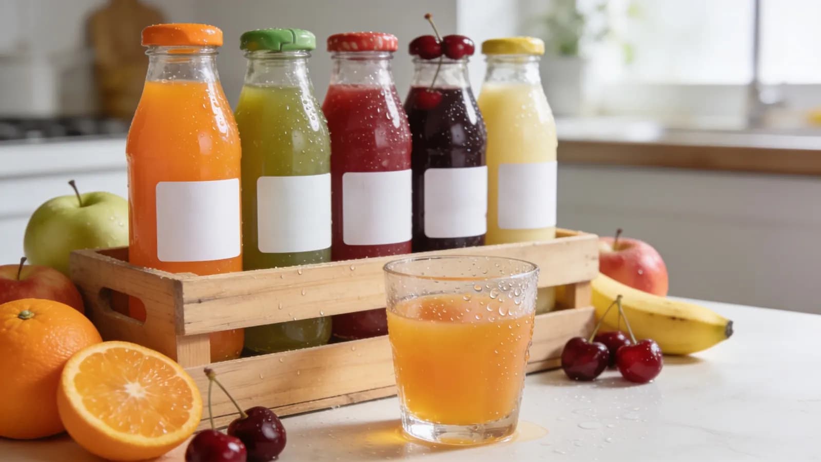 Fruchtsäfte in Glasflaschen in einer Holzkiste mit Orangen, Äpfeln und Kirschen